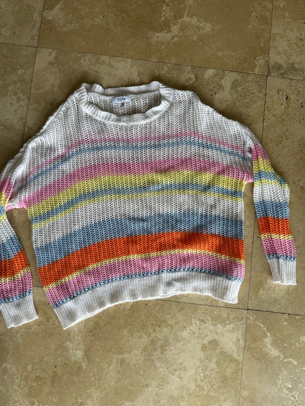 Fate White Open-Knit Sweater with Pink, Yellow, Blue & Orange Stripes